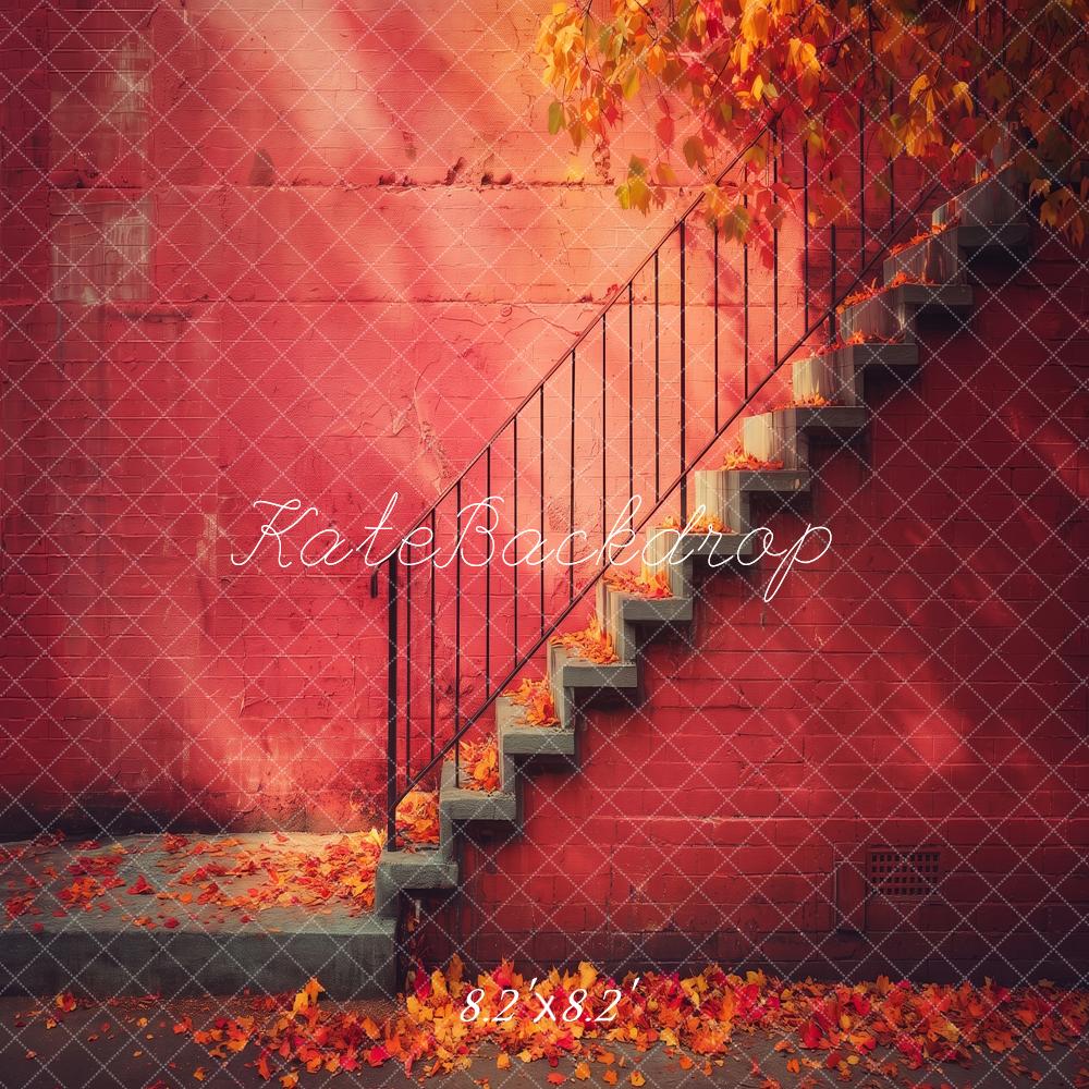Kate Fall Cascading Stairs Red Wall Leaves Sunlight Printed Backdrop Designed by Angela Miller