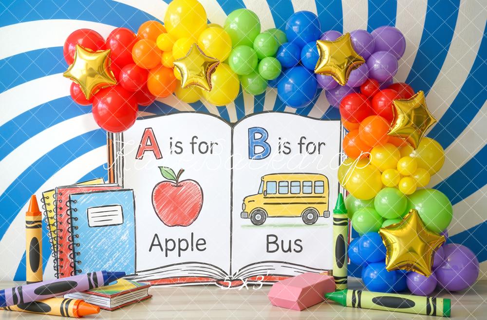 Kate Back To School ABC Apple Bus Rainbow Balloons Backdrop Designed by Chain Photography