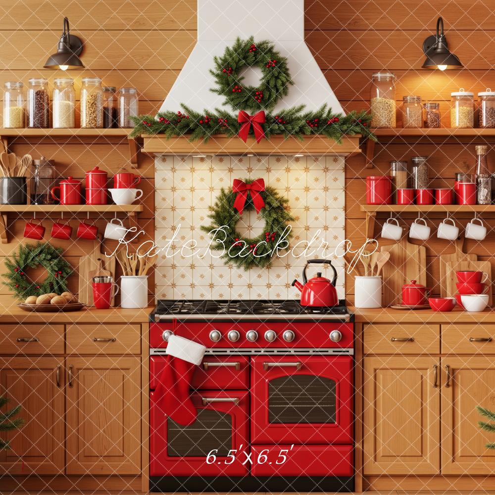 Kate Christmas Kitchen Red Stove Garland Wreath Christmas Tree Backdrop Designed by Patty Roberts