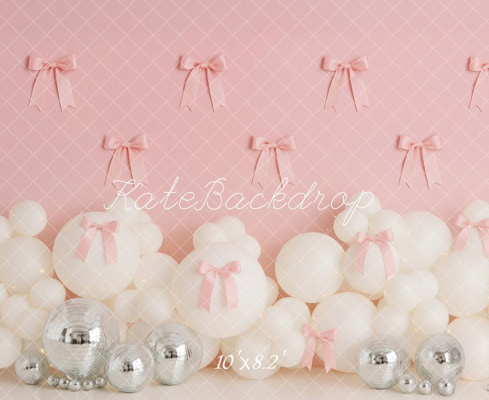 Kate Cake Smash Pink Bows White Balloons Silver Disco Balls Backdrop Designed by Patty Roberts
