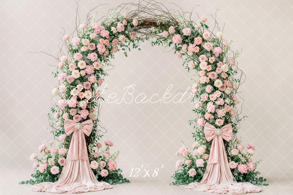 Kate Spring Flower Arch Pink Roses Greenery Bows Backdrop Designed by Patty Roberts