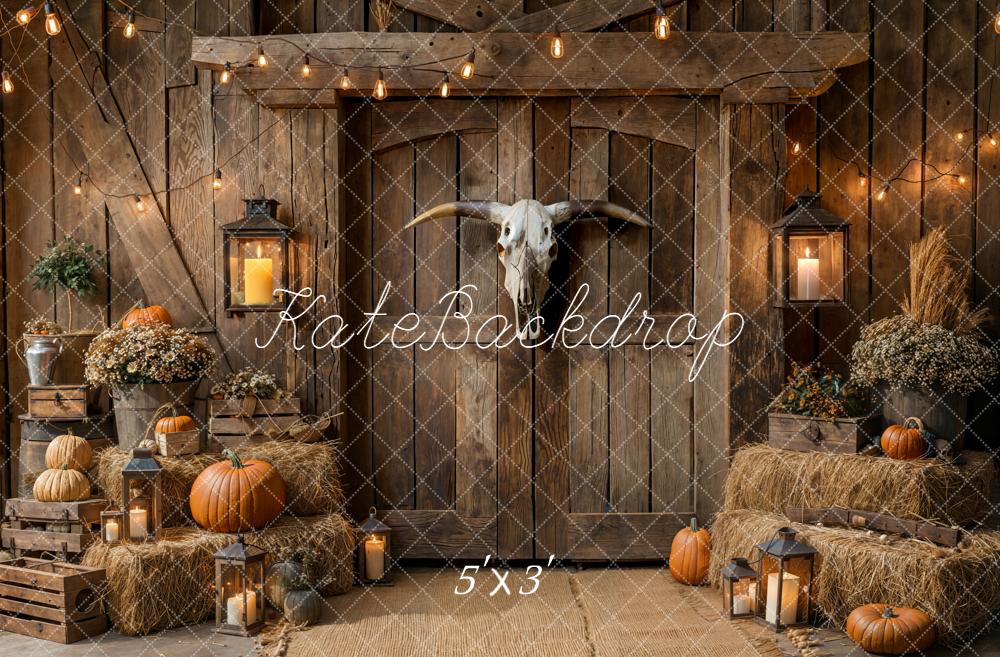 Kate Fall Rustic Barn Door Pumpkins Hay Lanterns Backdrop Designed by Emetselch