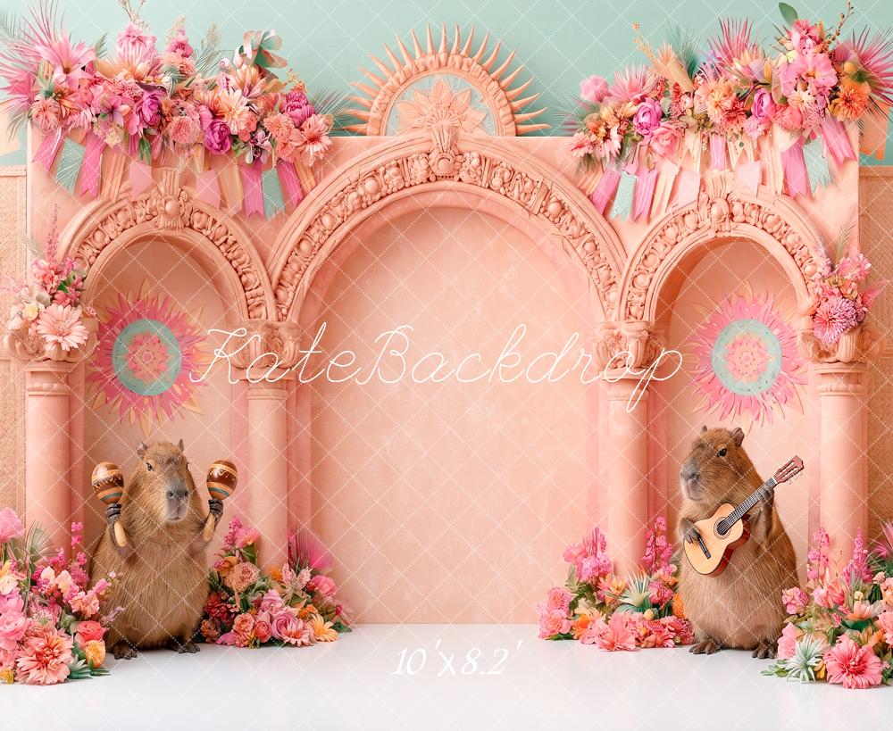 Kate Cake Smash Pink Arch Capybara Musicians Flower Printed Backdrop Designed by Angela Miller