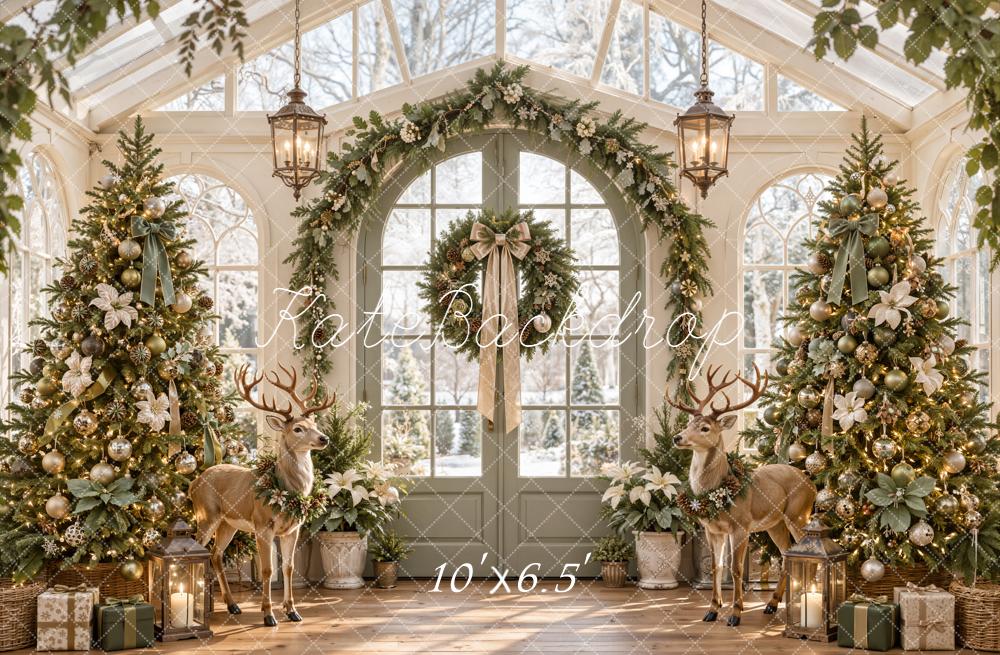 Kate Christmas Greenhouse Arch Garland Deer Christmas Trees Printed Backdrop Designed by Emetselch