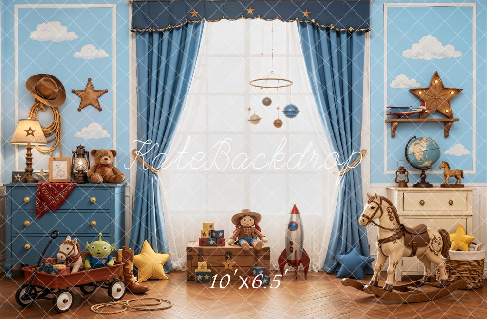 Kate Cowboy Kids Room Blue Curtains Toy Horse Stars Clouds Printed Backdrop Designed by Emetselch
