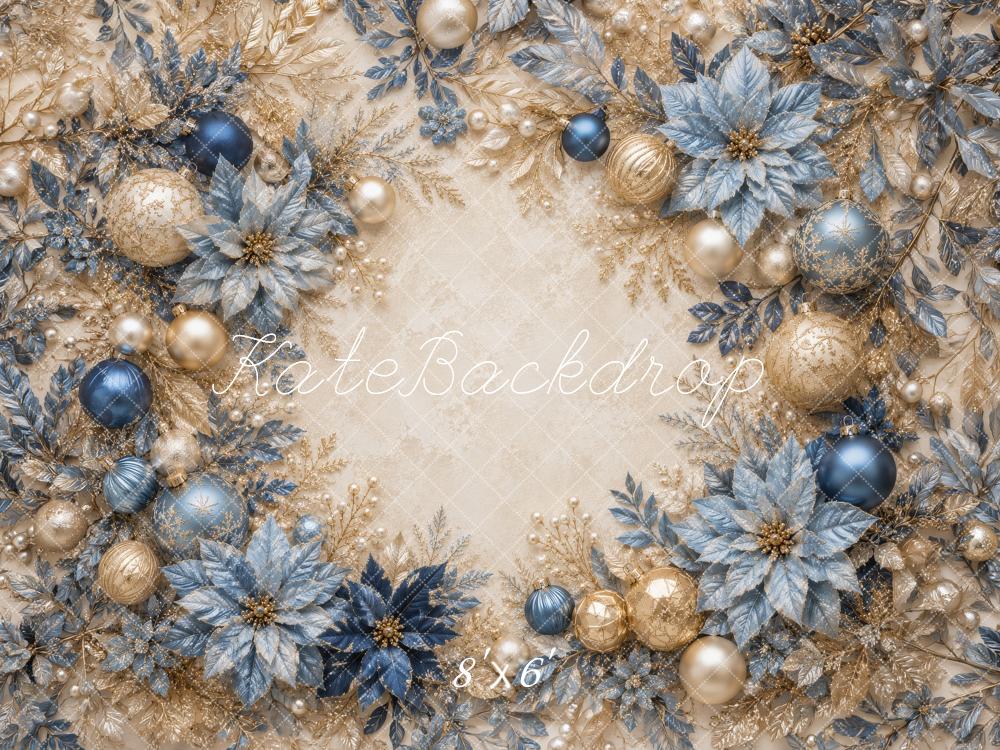 Kate Christmas Blue Gold Ornaments Poinsettias Garland Printed Backdrop Designed by Megan Leigh Photography