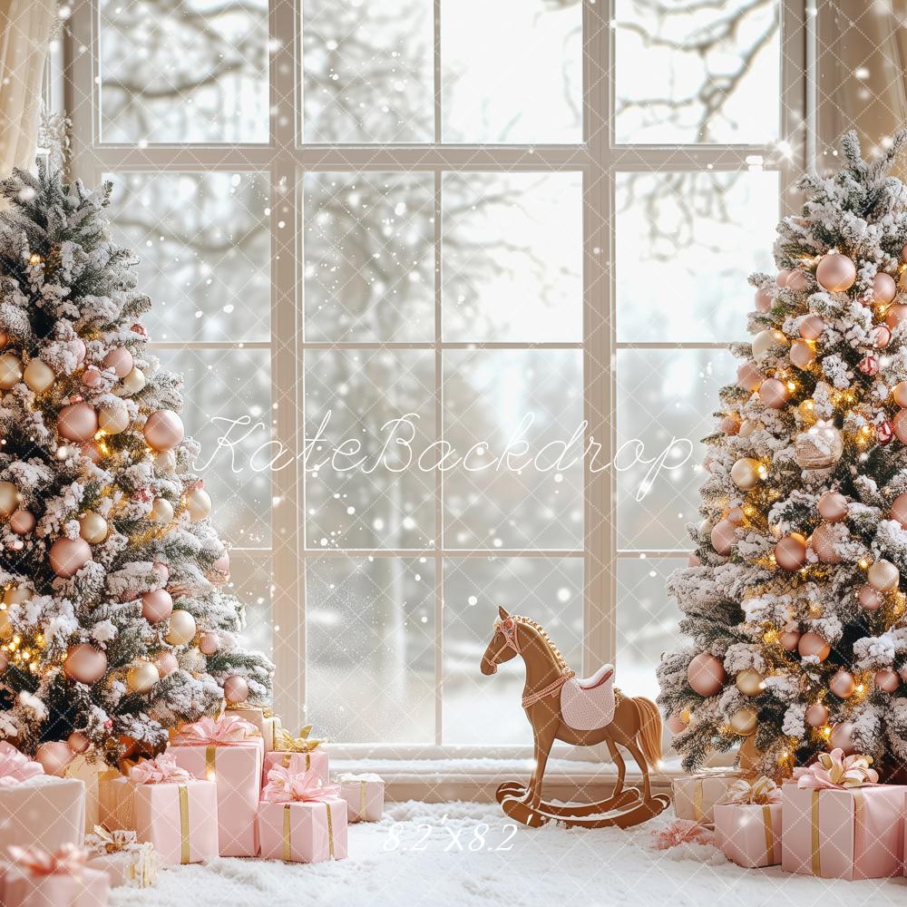 Kate Christmas Trees Snowy Pink Ornaments Gifts Window Rocking Horse Backdrop Designed by Patty Roberts