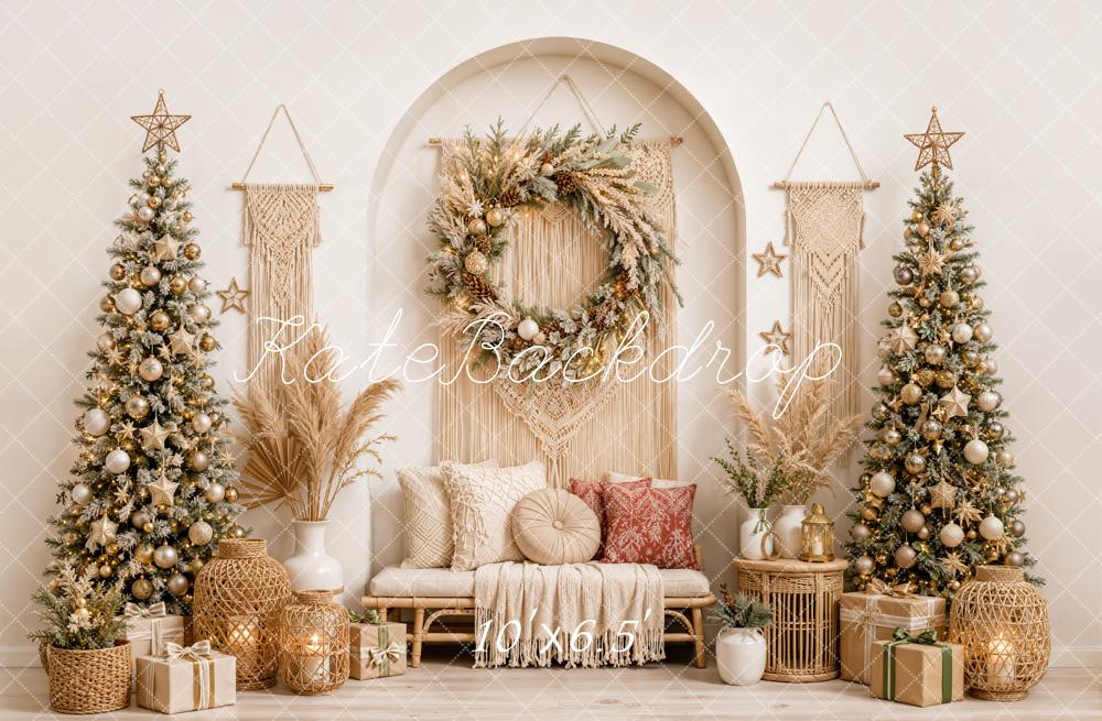 Kate Christmas Boho Macrame Wreath Christmas Trees Pillows Printed Backdrop Designed by Emetselch