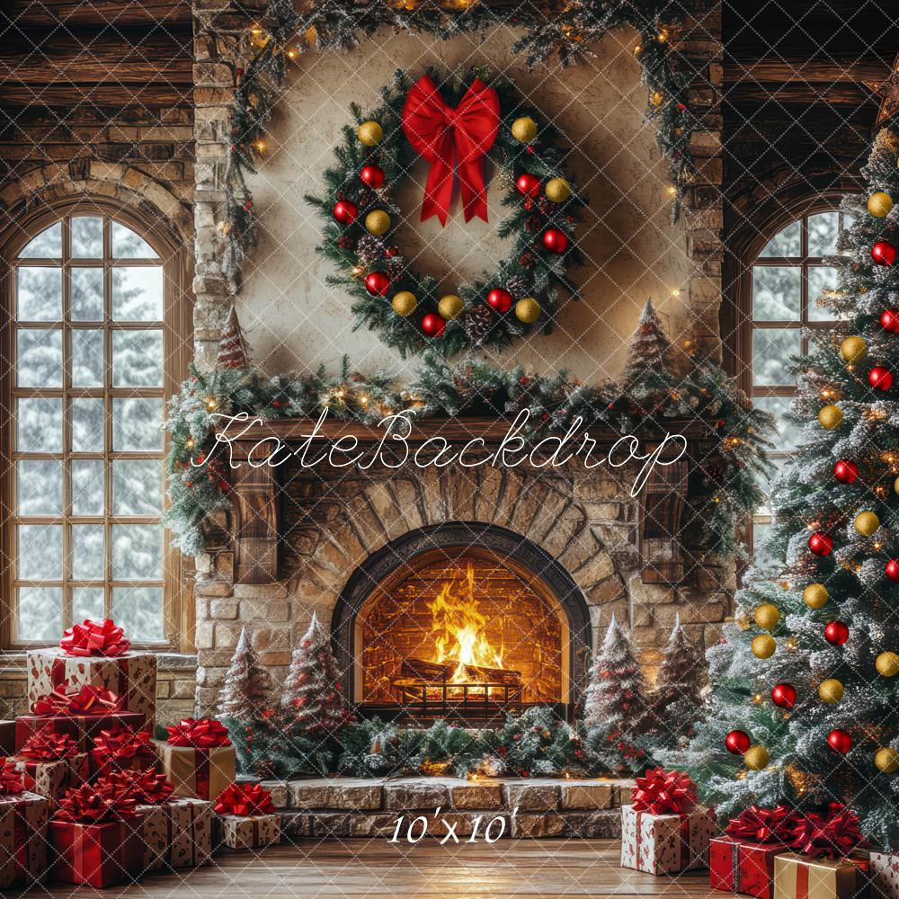 Kate Christmas Tree Stone Fireplace Window Wreath Backdrop Designed by Mini MakeBelieve