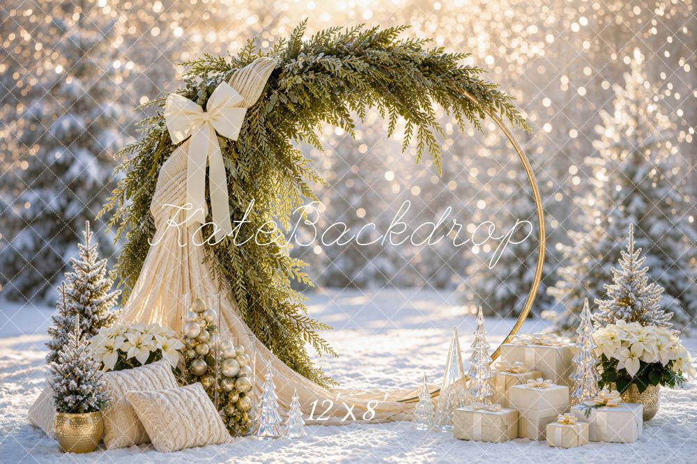 Kate Christmas Circle Arch Snowy Greenery Bow Snowy Printed Backdrop Designed by Mini MakeBelieve