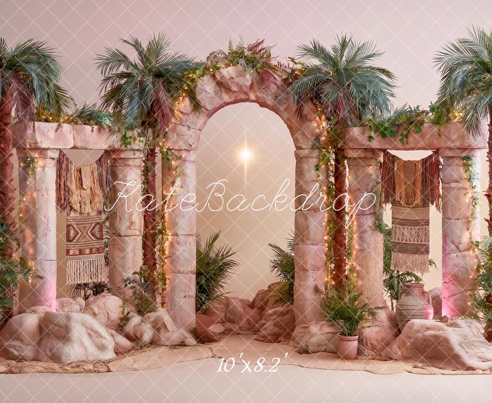 Kate VBS Stage Stone Arch Palms Star Pink Printed Backdrop Designed by Angela Miller