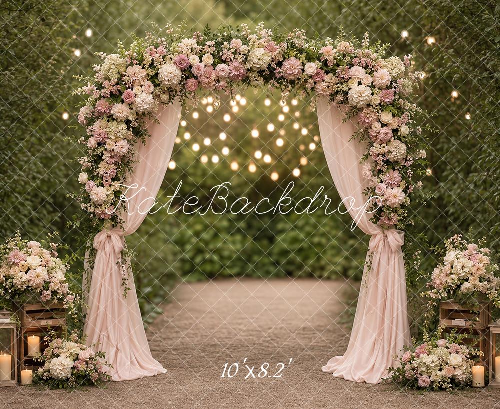 Kate Wedding Romantic Garden Flower Arch Drapes String Lights Printed Backdrop Designed by Angela Miller