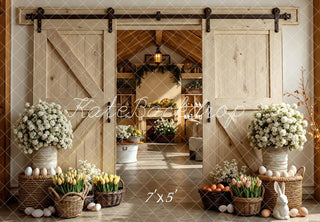 Kate Easter Bunny Barn Door Flowers Eggs Baskets Printed Backdrop Designed by Mini MakeBelieve