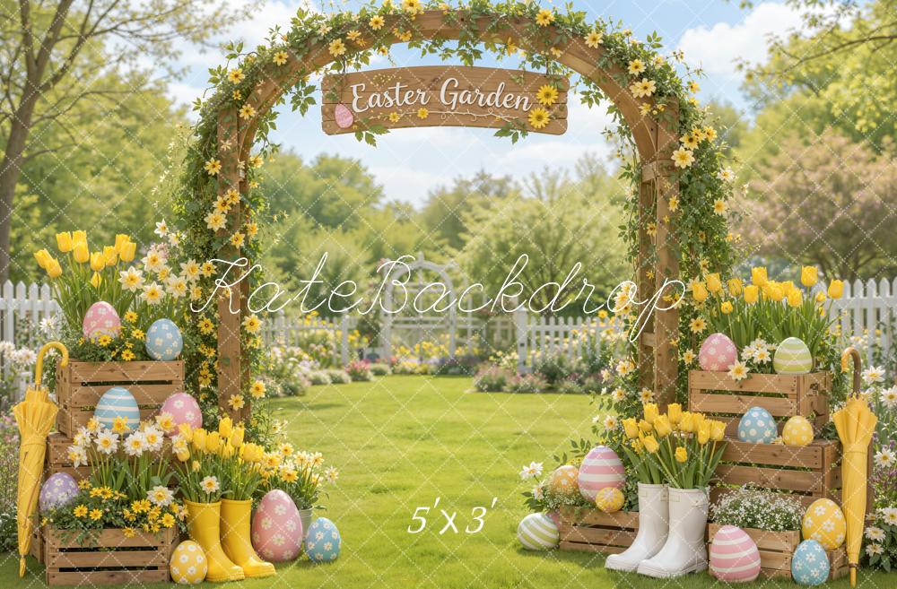 Kate Easter Garden Flower Arch Eggs Rain Boots Tulips Printed Backdrop Designed by Emetselch