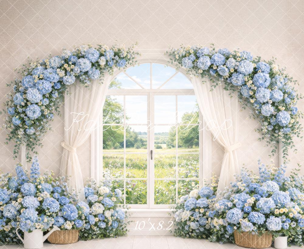 Kate Spring Flower Arch Blue Hydrangea Window Curtains Backdrop Designed by Megan Leigh Photography
