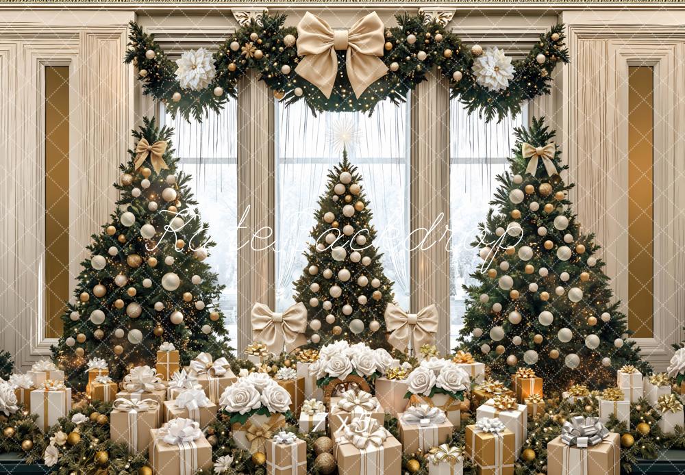 Kate Christmas Trees Gold White Bow Garland Gifts Window Backdrop Designed by Mini MakeBelieve