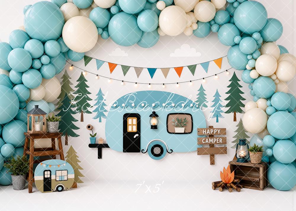 Kate Cake Smash Teal Camper Forest Balloon Arch Bunting Printed Backdrop Designed by Ashley Ward