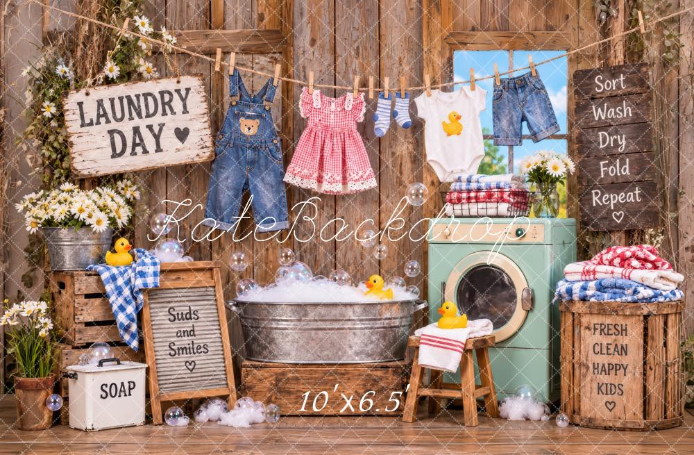 Kate Rustic Laundry Day Kids Clothesline Washing Machine Printed Backdrop Designed by Laura Bybee