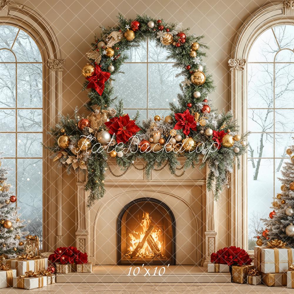 Kate Christmas Fireplace Trees Wreath Gold Window Printed Backdrop Des