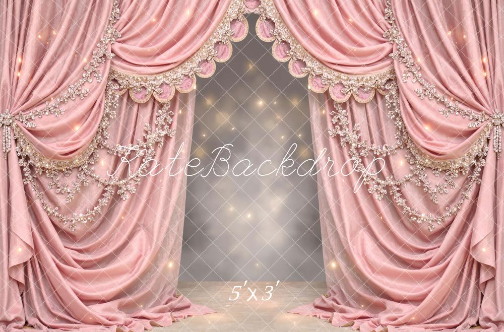 Kate Pink Draped Curtains with Floral Embellishments Printed Backdrop Designed by Mini MakeBelieve