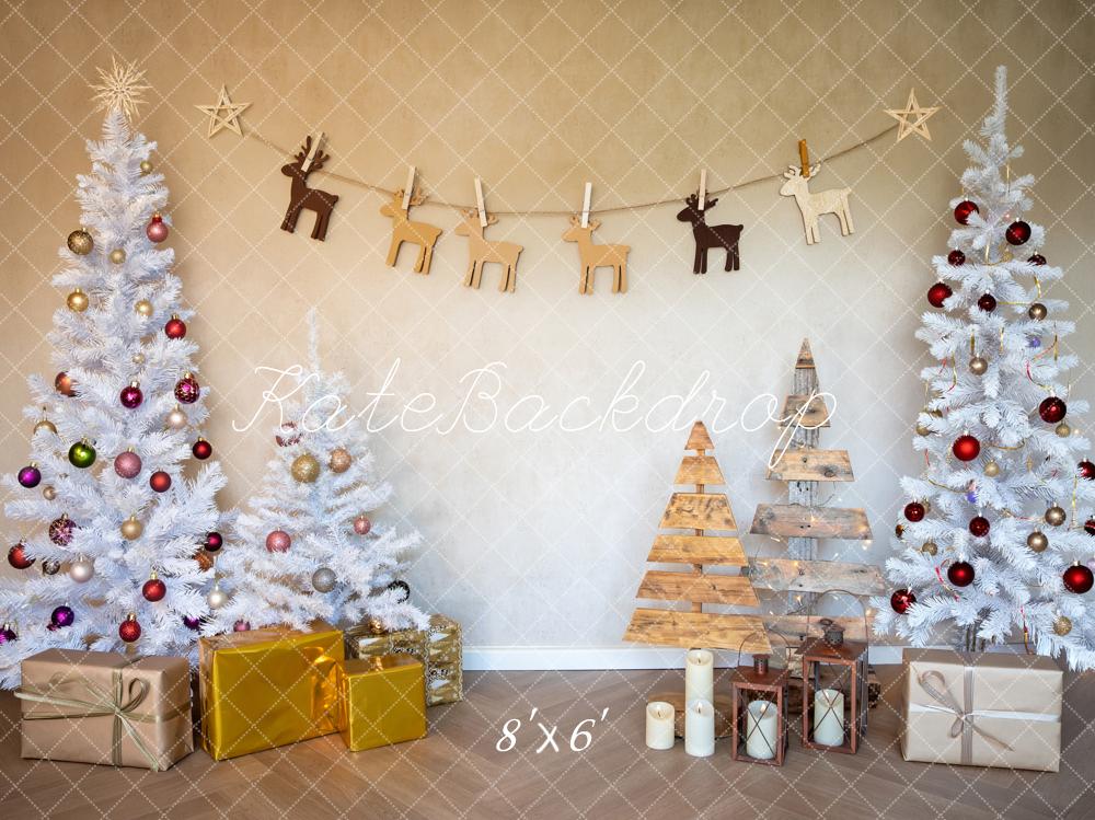 Kate Christmas White Trees Wood Reindeer Garland Gold Presents Printed Backdrop Designed by Fantasyphotoart