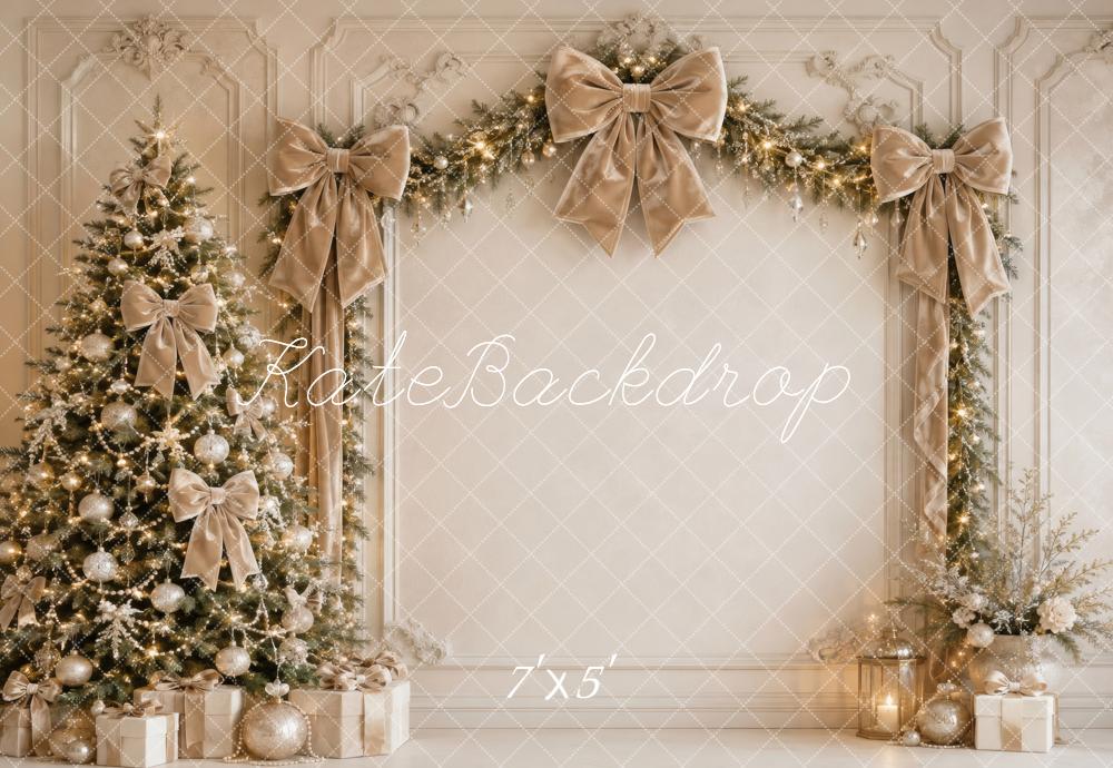 Kate Christmas Tree Champagne Beige Bow Garland Printed Backdrop Designed by Vertigo Productions