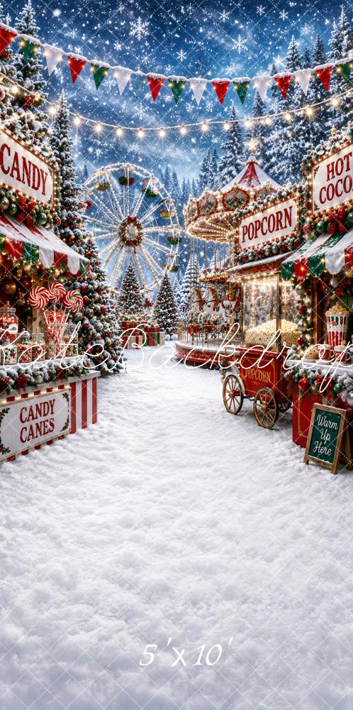 Kate Sweep Christmas Snowy Amusement Park Carnival Carousel Ferris Wheel Stand Printed Backdrop Designed by Ashley Paul