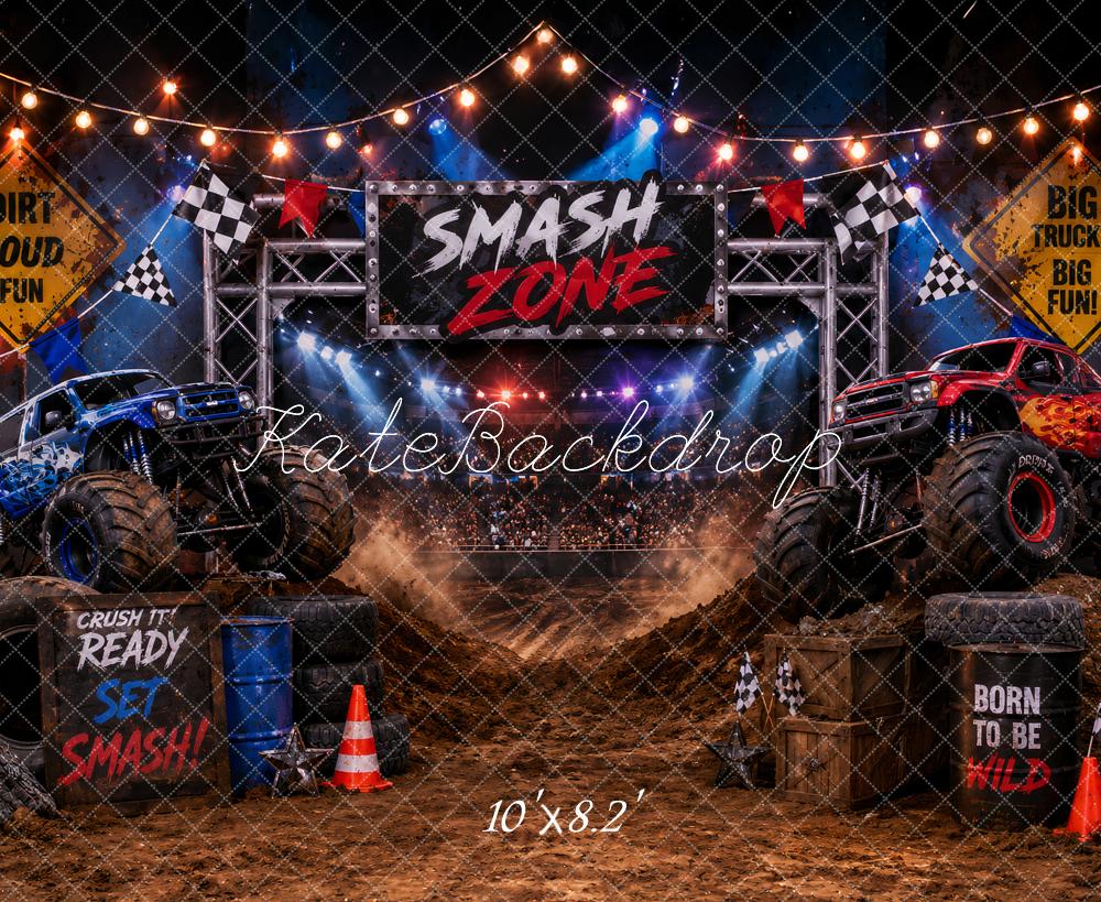 Kate Cake Smash Monster Truck Zone Dirt Arena Checkered Flags Printed Backdrop Designed by Ashley Paul