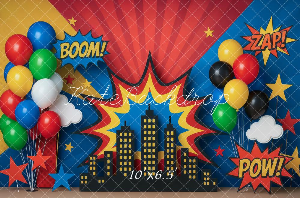 Kate Birthday Hero City Comic Colorful Backdrop Designed by Mini MakeBelieve