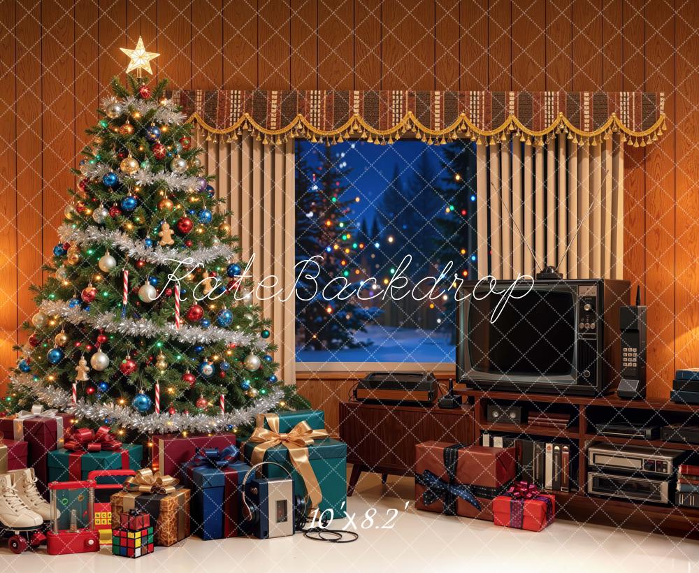 Kate Christmas 80s Retro Living Room TV Tree Gifts Printed Backdrop Designed by Mini MakeBelieve