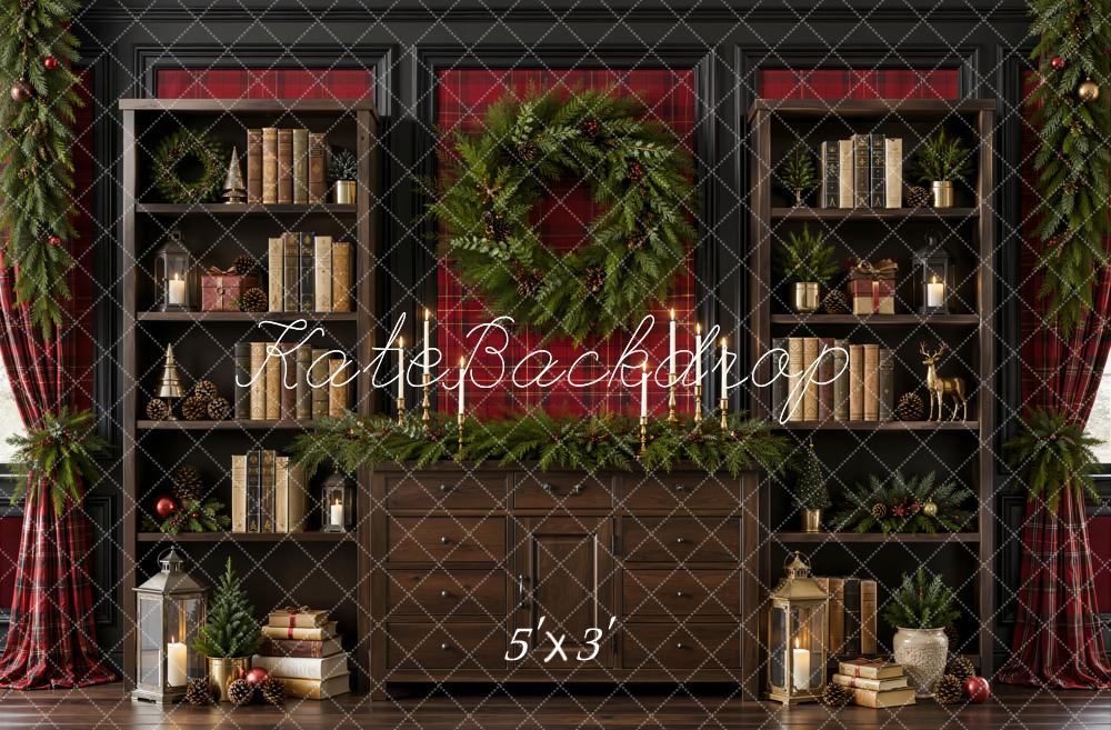 Kate Christmas Retro Library Wreath Brown Bookshelf Printed Backdrop Designed by Emetselch
