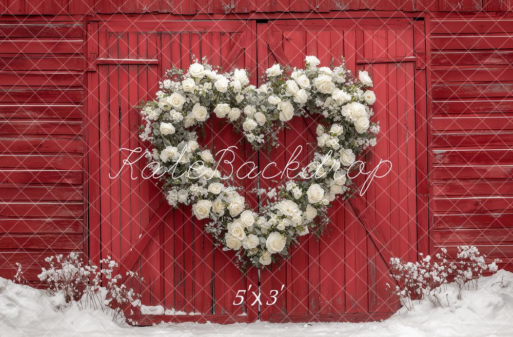 Kate Valentine's Day Heart Flower Wreath Red Barn Snow Backdrop Designed by Angela Miller