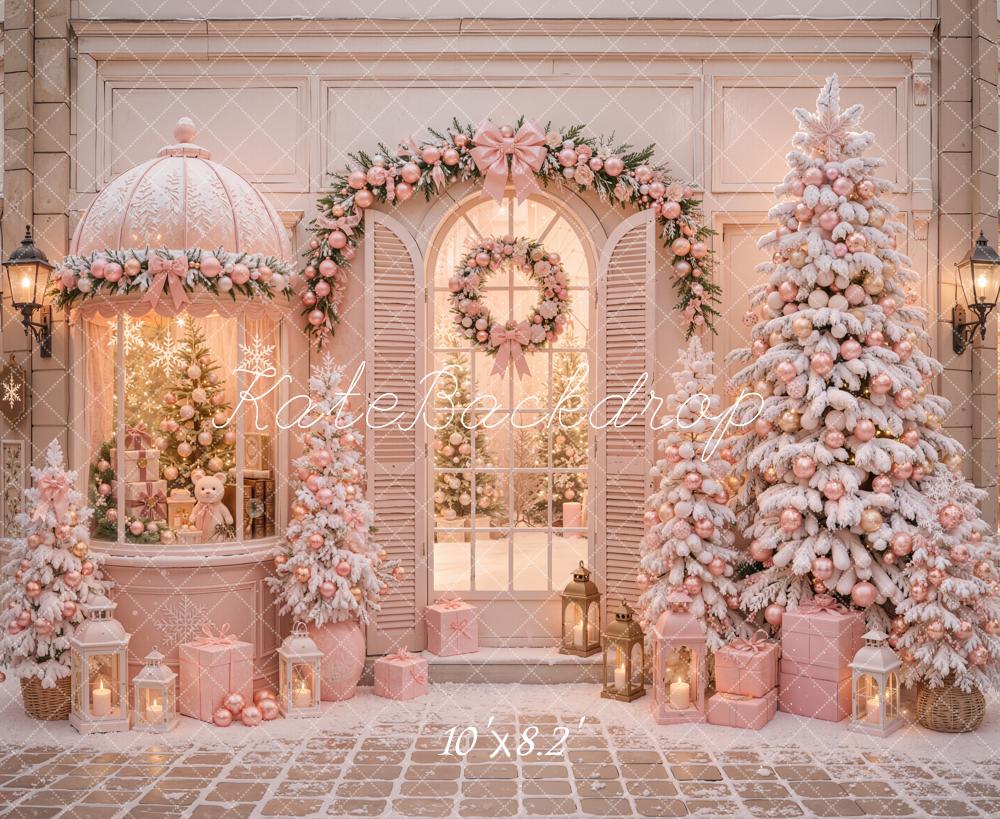 Kate Christmas Shop Pink Snowy Trees Garland Wreath Gift Boxes Printed Backdrop Designed by Emetselch