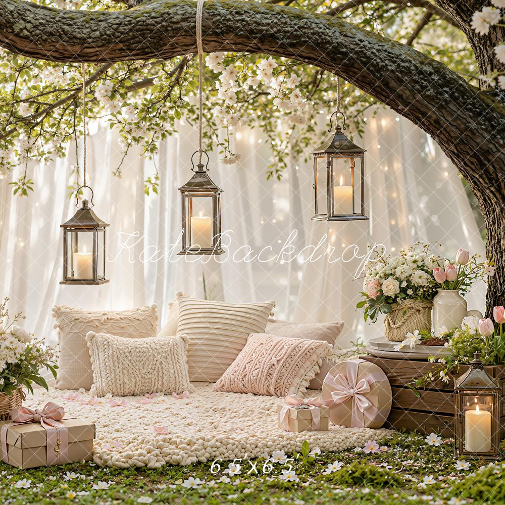 Kate Spring Cherry Blossom Branch Arch Lanterns Cozy Pillows Printed Backdrop Designed by Emetselch