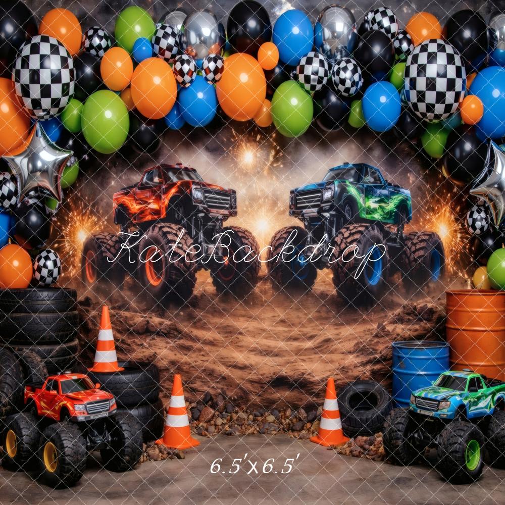 Kate Cake Smash Monster Truck Checkered Balloons Dirt Track Printed Backdrop Designed by Vertigo Productions