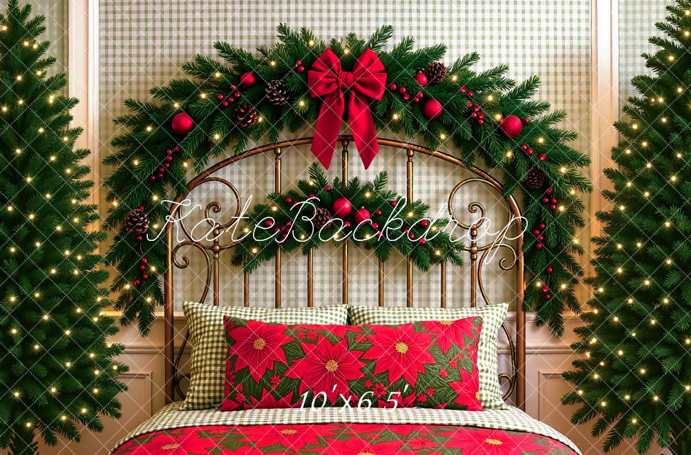 Kate Christmas Headboard Poinsettia Garland Trees Red Bow Backdrop Designed by Mini MakeBelieve