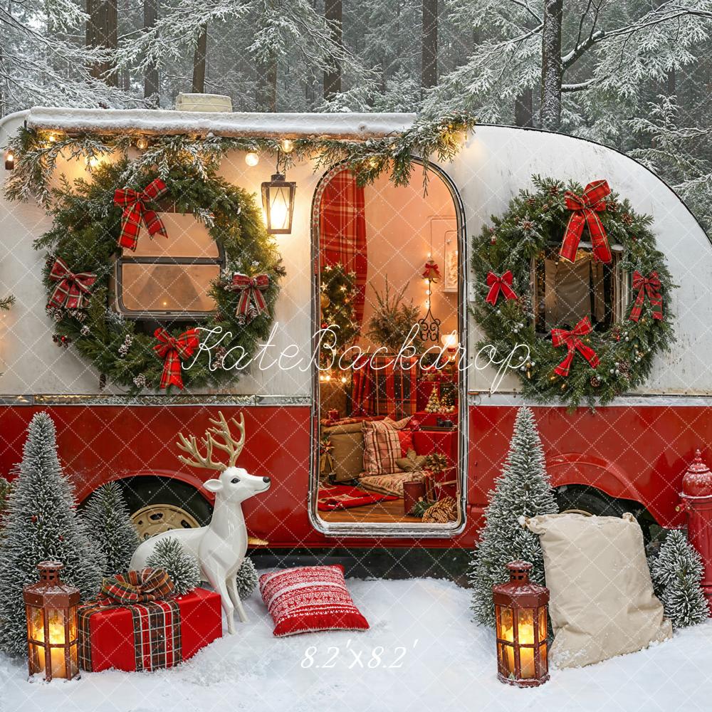 Kate Christmas Camper Wreath Gifts Reindeer Snow Forest Backdrop Designed by Emetselch