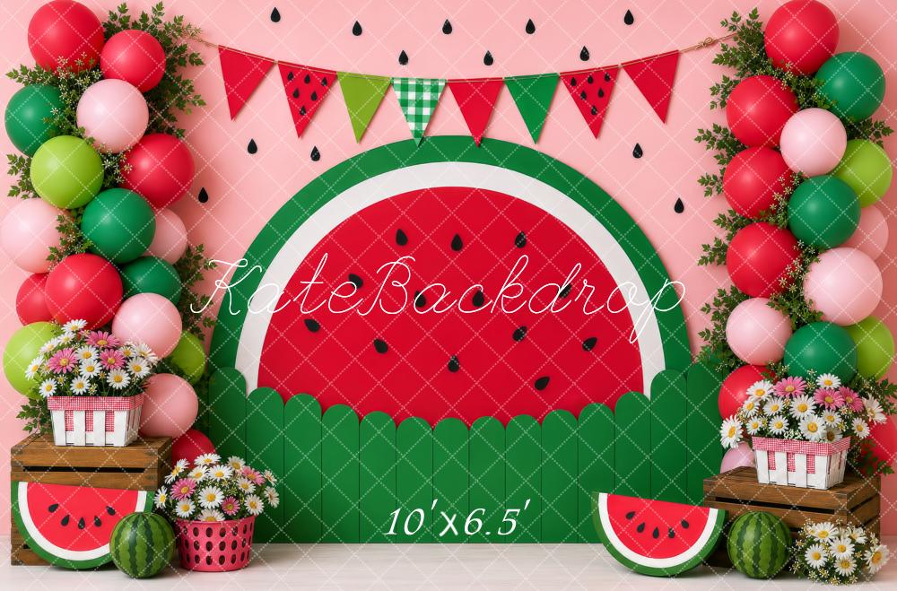 Kate Cake Smash Watermelon Balloons Flowers Crates Summer Printed Backdrop Designed by Shutter Swan Studios