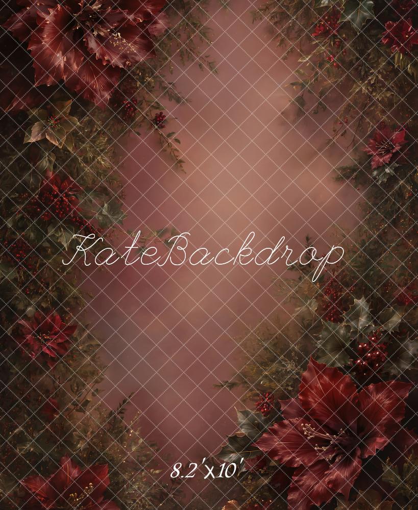 Kate Christmas Fine Art Burgundy Poinsettia Floral Printed Backdrop Designed by GQ
