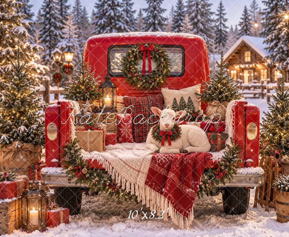 Kate Christmas Red Truck Sheep Gifts Snowy Trees Cabin Printed Backdrop Designed by Emetselch