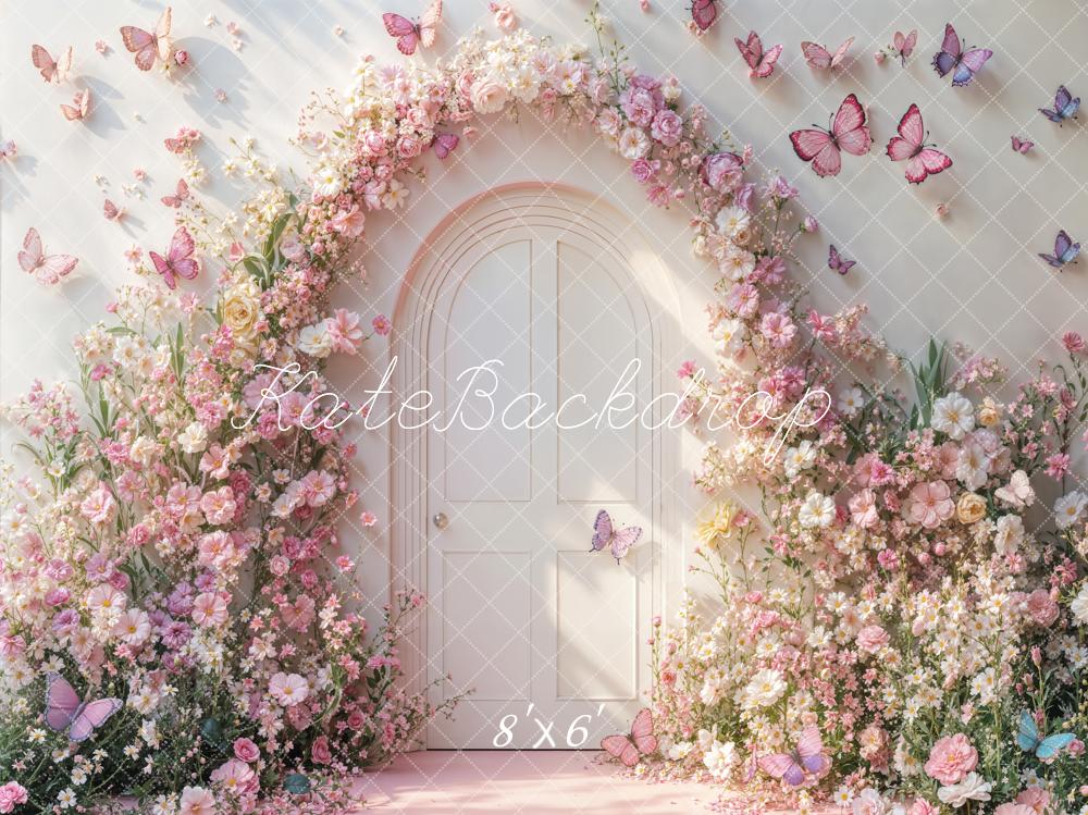 Kate Spring Flower Arch Pink Butterflies White Door Printed Backdrop Designed by Emetselch