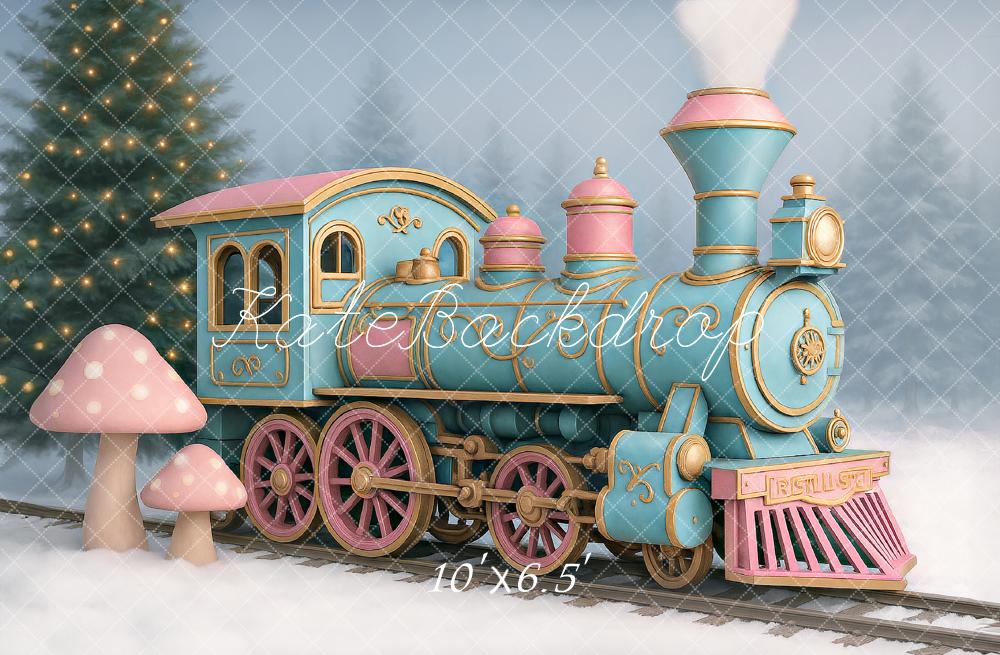 Kate Winter Polar Train Pink Mushroom Snow Backdrop Designed by Ashley Paul