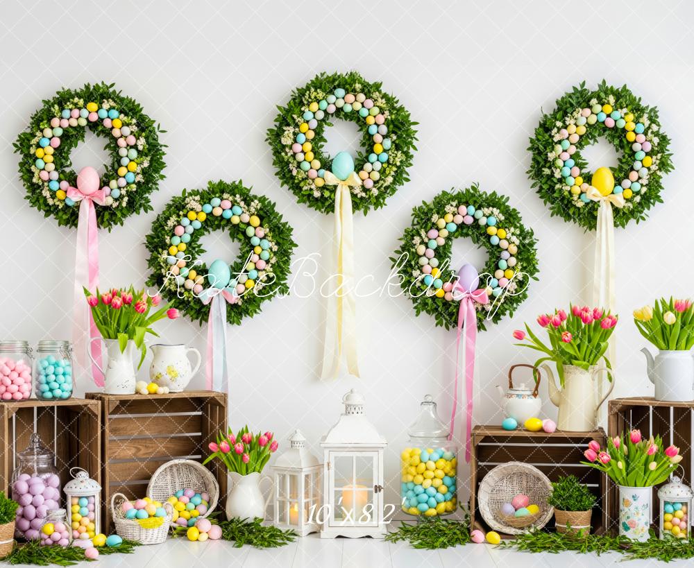 Kate Easter Wreath Pastel Eggs Tulips Crates Backdrop Designed by Patty Roberts