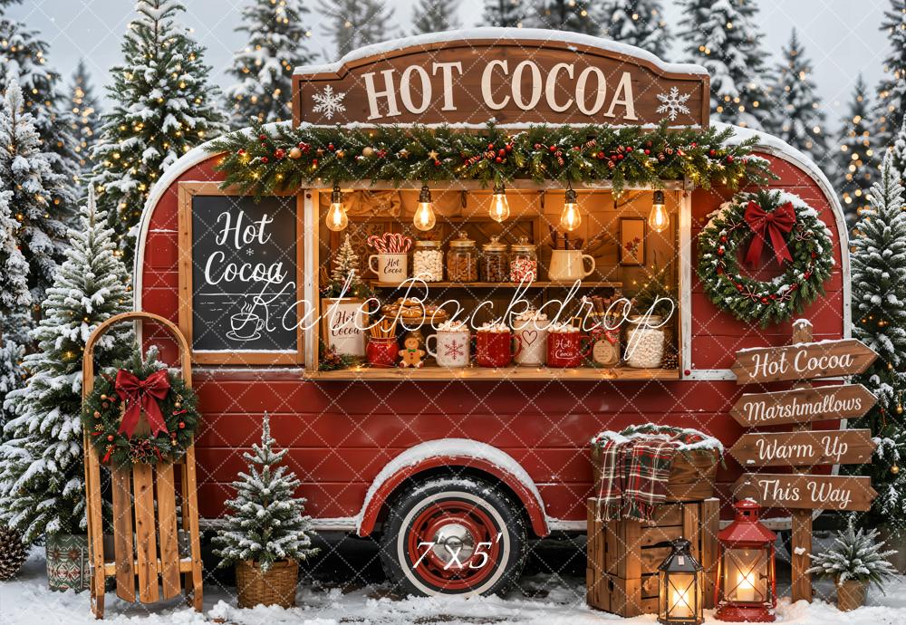 Kate Christmas Hot Cocoa Red Camper Van Snowy Forest Printed Backdrop Designed by Emetselch