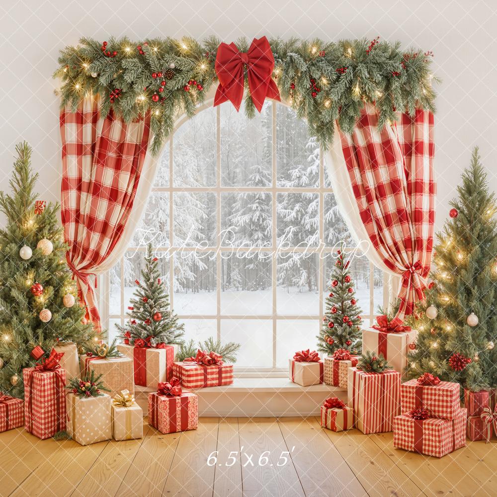 Kate Christmas Red Plaid Curtains Window Pine Trees Gift Boxes Backdrop Designed by Emetselch