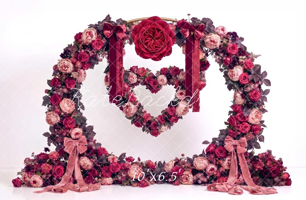 Kate Valentines Arch Burgundy Rose Flower Heart Printed Backdrop Designed by Angela Miller