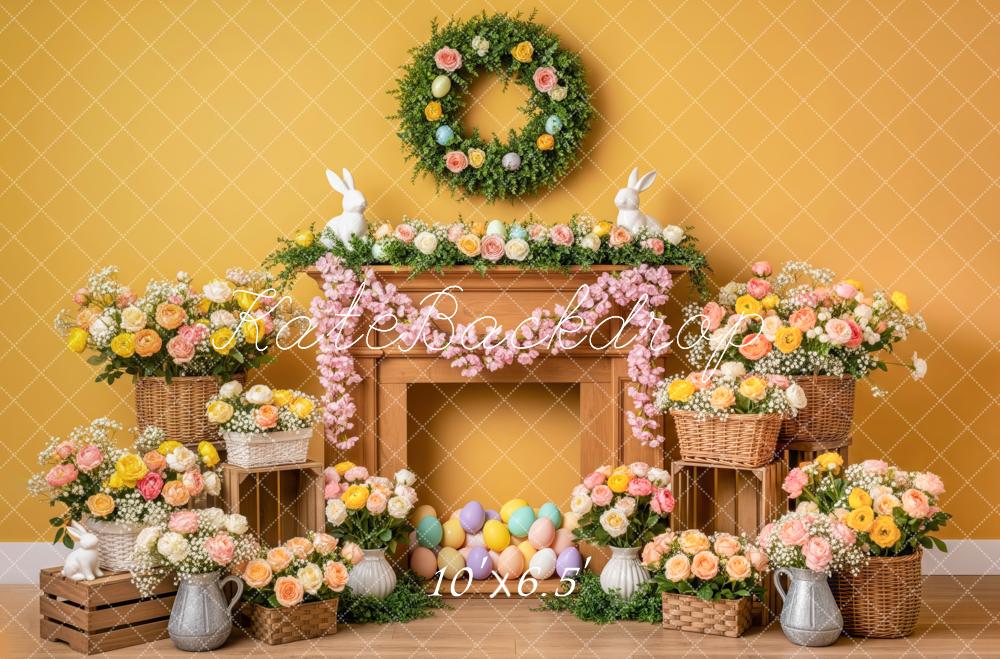 Kate Easter Bunny Fireplace Floral Eggs Yellow Backdrop Designed by Patty Roberts