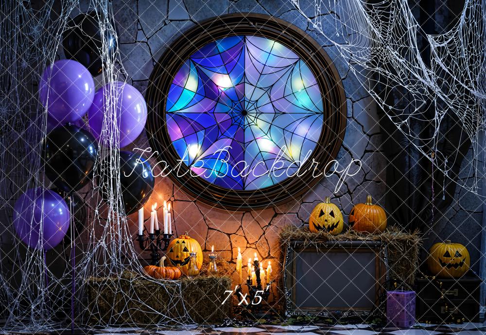 Kate Halloween Stained Glass Spider Web Window Pumpkins Balloons Backdrop Designed by Emetselch