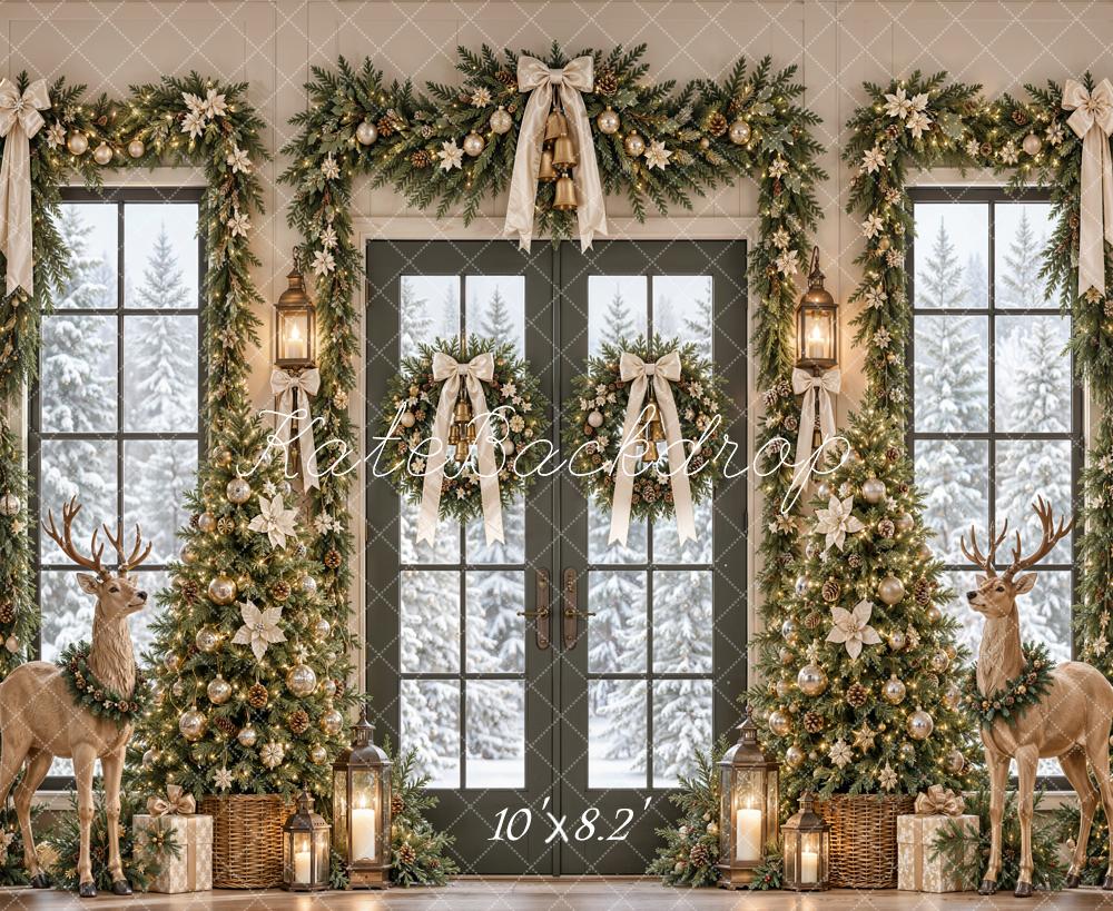 Kate Christmas Tree Garland Deer French Door Snow Printed Backdrop Designed by Emetselch