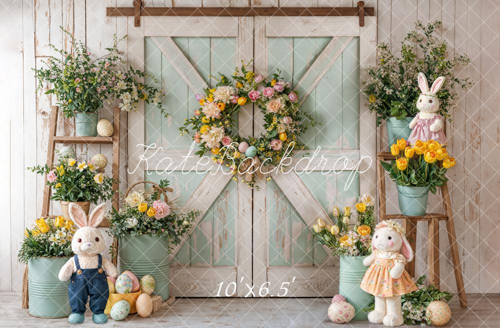 Kate Easter Bunny Mint Green Barn Door Wreath Floral Eggs Backdrop Designed by Emetselch